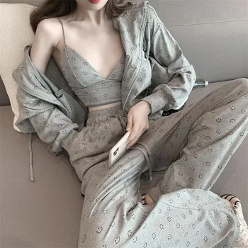 Modes Pidžamu Sieviešu Kokvilnas Pavasara Mājas Drēbes Sievietēm, Pelēka Pijamas Sievietes Sexy 3 Gabals, kas Sieviešu Pidžamas Sleepwear Komplekts