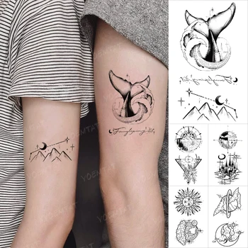 Delfīnu Mēness Ūdensnecaurlaidīgus Pagaidu Tetovējumu Uzlīmes, Kalnu Saule, Planēta Roku Viltus Tetovējums, Bērnu, Body Art Vīrieši Sievietes