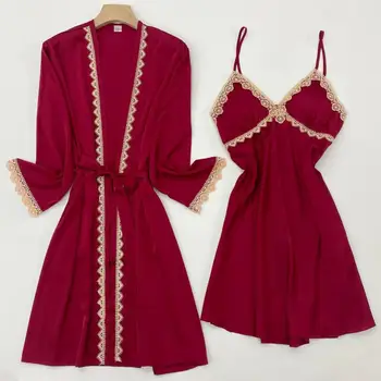 Sieviešu 2GAB Sleepwear Satīna Zīda Tērpu Komplekts Sexy Peldmētelis Kimono Kleita Intīmas Apakšveļa Ir 2021. Jauns Naktskrekls Mājas Drēbes Naktsveļu