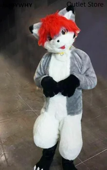Garš Kažokādas Husky Suņu Fox Talismans Kostīmu Fursuit Halloween Tērps Cosplay Personu Karikatūra Tērpiem, Pūkains Uzvalks
