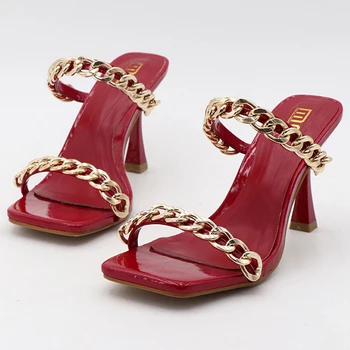 Vasaras Modes Metāla Ķēdes Dāmas Čības Rasā Pēdas Augsta Papēži Ērti Gadījuma Duncis Čības Sieviešu Zapatos Mujer De cx964