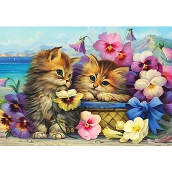 Dimanta Krāsošana Kaķi Ziedu Kaķēns Pilna Kārta 5D DIY Mozaīkas Izšuvumi Sveķu Rhinestones Bildes Cute