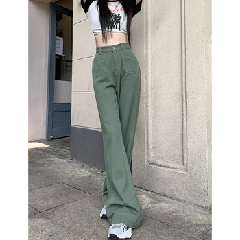 Sieviešu Dibeni Vintage Green Plaša Kāju Džinsi Baggy Augsto Vidukli, Taisniem Bikses Gadījuma Streetwear Džinsa Bikšu Dāmas Vasarā