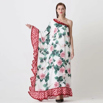 KVALITĀTES Jaunākās AUGSTĀS Modes 2021 Skrejceļa Maxi Kleita Sievietēm ir Viena-Pleca Plats Piedurkņu Vērtnes Ruffles Ziedu Drukāt Gara Kleita