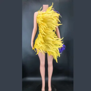 Dzeltena Sexy Slīpu Plecu Spalvu Tērps Sievietēm Karnevāls 