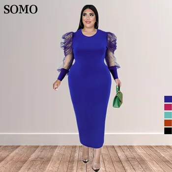 SOMO 2022 O Kakla Sieviešu Slim Elegants Ikdienas Kleitas Modes Acs garām Piedurknēm Plus Lieluma Puse Kleita Vairumtirdzniecības Dropshipping