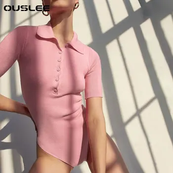 Ouslee Sieviešu Polo Apkakli, Īsām Piedurknēm 2021. Gada Vasaras Jaunā Modes Sexy Slim Bodysuit Izdilis Jumpsuits High Street Bodysuits Valkā