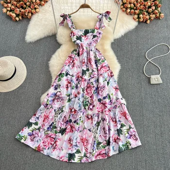 Modes 2022 Vasaras Drukāt Ziedu Kleitu Sievietēm Spageti Siksnas Līnijas Bohēmijas Beach Sundress Vintage Kroku Midi Ilgi Vestidos