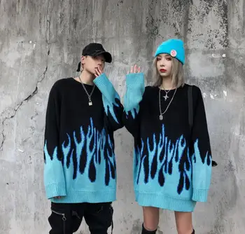 Korejas irdenas trikotāžas liesmas vīriešiem un sievietēm hip hop streetwear o-veida kakla džemperis džemperis