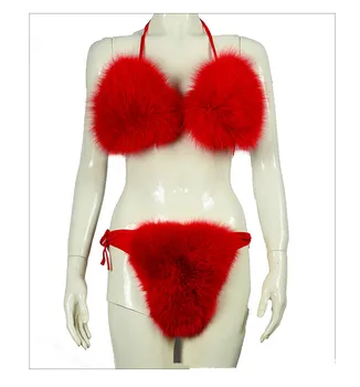 Seksīgi Bikini Sieviešu Peldkostīms Tīrtoņa Krāsas Pūkains Peldkostīmi Nekustamā Fox Kažokādas Peldvietā Valkā