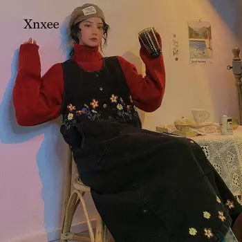 Vintage Izšūti Džinsa Kleita-Līniju Zils Japāna (Dungriņi) Ģeometrija Vasaras Kleitas Britu Sievietes Vestidos Pārsējs Apģērbi
