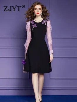 ZJYT Dizaineru Modes 2023 Pavasara 5XL Kleita Sievietēm ar garām Piedurknēm, Elegants Frēzēšana 3D Ziedu Puse Vestidos Virs Ceļgala Halāti