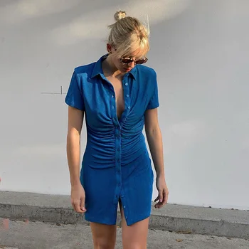 Pogu Up Kroku Īsām Piedurknēm Krekls Kleitas, Pavasara Vasaras 2021 Karstā Pārdošanas Gadījuma Sexy Bodycon Mini Kleita Green Blue Birojs Valkā