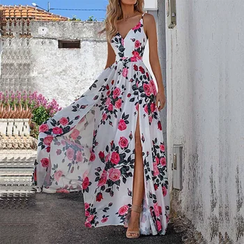 Modes Elegants Ikdienas Beach Maxi Kleita Vasaras 2022 Siksnas V Kakla Sexy Ziedu Drukāt Kleitas Bohēmijas Līnijas Kroku Ilgi Drēbes