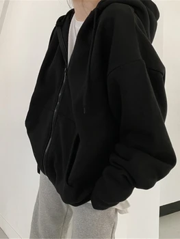 Sieviešu Black Zip Up pelēkā vārna Streetwear sporta Krekli korejas Topi ar garām Piedurknēm Goth Drēbes Jaka Sieviešu Ziemas Topi Hoodies