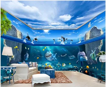3d tapetes pielāgotus foto Blue Ocean World Dolphin Haizivs Māju Fona Sienas, mājas dekors dzīvojamā istaba 3d sienu gleznojumi tapetes