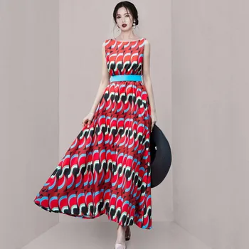 Elegants Vintage Daudzkrāsu Drukas Šifona Maxi Kleita Ir 2021. Vasaras Sievietēm, O-Veida Kakla Bez Piedurknēm, Ar Augstu Vidukli Gadījuma Brīvdienas Kleita Drēbes