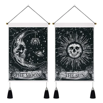 Pack Of 2 Mēness un Saules Gobelēns Galvaskausa Ziedu Gobelēns Psychedelic Zvaigznes Black Gobelēns Sienas Karājas(13.8 X 19.7 Cm)