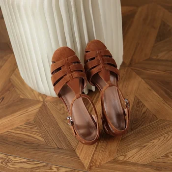 Vasaras Sandales Sieviete Francijas Retro Stila Dzīvoklis Mazulis Zamšādas Gladiator Sandalias Eleganta Dāma, Kurpes, Slēgtas Toe Zapatos Mujer