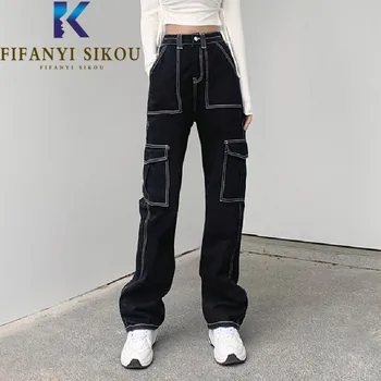 Melna Kravas Bikses Sievietēm Augsta Vidukļa Džinsus Lielas Kabatas Topstitching Modes Streetwear Zaudēt Mazgā Džinsus Sieviešu Garās Bikses