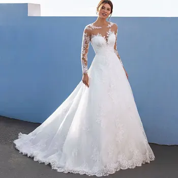 Seksīgas Mežģīnes ar garām Piedurknēm Puse kleita kāzu 2022 Mīļotā Otas Vilcienu Ziedu Drukāt Plisēt Grīdas Garuma Kāzu Kleitas