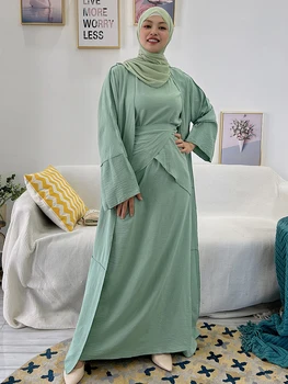 3 Gabals Abaya Uzstādīt Musulmaņu Sieviešu Ikdienas Pieticīgs Apģērbs Kimono Jaka+Īsām Piedurknēm Kleita+Wrap Svārki Dubaija Turku Islāma Drēbes