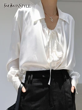 TWOTWINSTYLE Rudens Modes Balts Krekls Sievietēm Atloks Apkakli, garām Piedurknēm Pogas Caur Blūzes Sieviešu Jaunā Stila Apģērbu 2022