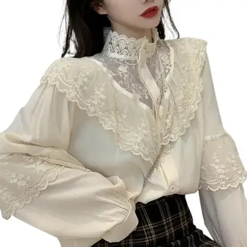 Mežģīnes Sieviešu Krekli Vaļēju Kreklu Izšūšana korejiešu Stilā Stand Apkakli Laternu Piedurknēm Blūzes, Sieviešu Topi Ikdienas Valkāšanai Vintage