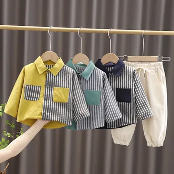 Baby Boy Apģērbs Uzstādīt Rudenī, Pavasarī Jauno Modes Toddler Bērniem ar garām Piedurknēm Svītrainām Raibs Krekls+Bikses 2gab Piemērots Zīdaiņu Drēbes
