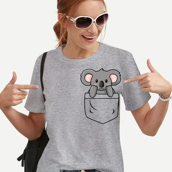 Modes Sieviešu T-krekli Kabatas Koala Drukāt Smieklīgi Karikatūra T-krekls Vasaras Apaļu Kakla Gadījuma Tshirts Topi Vasaras Tee Kreklu Y2k Topi