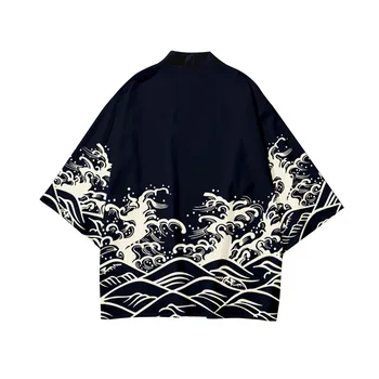 2022 Jauno Japānas Cosplay Viļņi Drukāt Jaciņa Harajuku Kimono Bikses, Komplekti Yukata Gadījuma Vintage Krekls Sievietēm, Vīriešiem Haori Divu gabalu