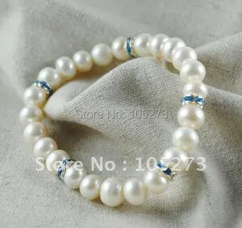 Burvīgs Pearl Rokassprādzi AA 8-9MM Balta Saldūdens Pērļu &blue Rhinestone balts Kluči, Pērļu Rotaslietas, kas ir 7,5 collu Jaunu Bezmaksas Piegāde