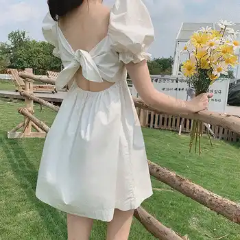 Kvadrātveida, Balta Apkakle Eleganta Kleita Sievietēm Pārsējs Dizaina Backless Sexy Kleita Pludmales Viens Gabals Kleita Korejas Biroja Dāma Ir 2021. Vasaras