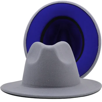 Vienkāršs Ārējo Pelēku Iekšējo Zila Vilnas Filca Džeza Fedora Cepures ar Plānas Jostas Sprādzes Vīrieši Sievietes Platām Malām, Panama Trilby Klp 56-58CM
