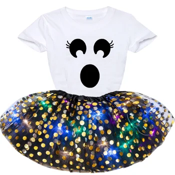 Meitene Sequin Svārki Dzimšanas dienas svinības Tērpiem Princese Meitenes Smaidiņu Karikatūra Izdrukāt Īss T-krekls + Kleita 2gab Puses Pielāgotus Kleita Komplekti