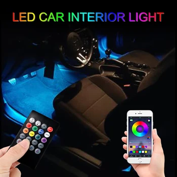 Tālvadības pults Apkārtējā Lampas, LED Sloksnes Atmosfēru Lampas App Mūzikas Balss vadības Automašīnas-stils RGB Automašīnas salona Kāju Gaismas
