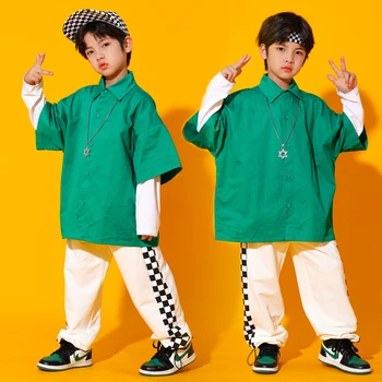 Bērnu Hip-Hop Deju Drēbes Zēniem Zaļš Krekls Pleds Bikses Kpop Apģērbs Zēniem Džeza Sniegumu Festivālā Tērpiem DQS10804