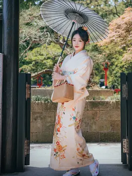 Japānas Stila Sieviešu Retro Gara Kleita ar Ziedu Izdrukas Tradicionālo Modificētu Kimono Fotogrāfija Kleita Cosplay Kostīms, kas Veic Valkā