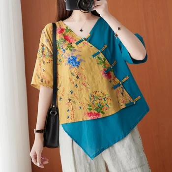 Lielgabarīta Kokvilnas Veļu, T Krekls Sievietēm Jaunu 2021. Gada Vasaras Vintage Ķīniešu Stila Apģērbu Sievietēm Drukāt Zaudēt Lielajam Femme Topi V2202