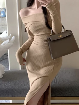 Vienkrāsainu, Elegants Šķeltas Adītas Kleitas, Sievietēm, Korejiešu Modes Dizaineris Midi Kleitu Sieviešu Džemperis Adīšanas Gara Kleita Rudens 2022
