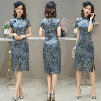 Liels Izmērs 4XL Blue Print Ziedu Cheongsam Sexy Saspringts Mandarīnu Apkakli Sievietēm Ķīniešu Stilā Qipao Vidēja garuma Klasisks Vestidos
