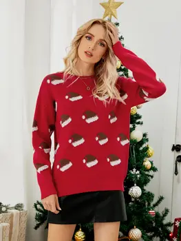 Sieviešu Džemperis Rudens/Ziemas Ziemassvētku Stilā Jaunu O-veida Kakla Mīksti Adīts Tops Traf Salds Santa Hat Modelis Džemperi Džemperi