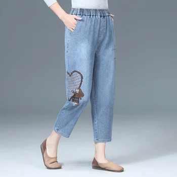 2022 Harēma Bikses, Sieviešu Džinsi Vintage Izšuvumi korejas Modes Capri Bikses Dāmas Streetwear Gadījuma Džinsa Bikses