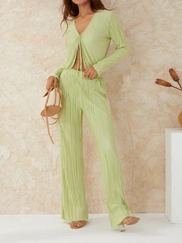 Sieviešu Bikses Agrā Rudenī Modes Tērps Gaiši Zaļā krāsā ar garām Piedurknēm, Priekšā Tie Īsa Jaciņa Top + Augsta Augsta Vidukļa Elastīgās Bikses