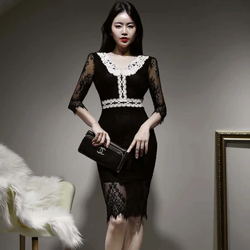 jaunas ielidošanas modes korejas pavasara midi puse kleita sievietēm OLA temperaments v-veida kakla mežģīnes viedokļa sexy black slim pencil kleita