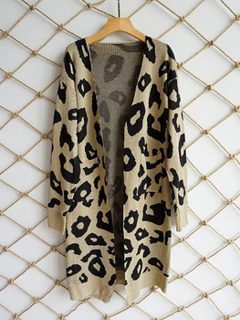 Sieviešu leopard adīta gara jaka ar garām piedurknēm džemperis mētelis sievietēm sieviešu 2023 rudens jaunas outwear mēteļi sieviešu rudens