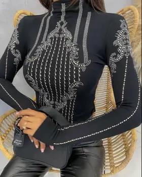 Sieviešu Topi 2022 Moderns Modes Rhinestone Dekoru Ar Garām Piedurknēm Top Gadījuma Izdilis Izspēles Kakla Tee Jaunu Visu Maču Rudens Džemperis