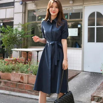 Korejiešu Stilā, Modes Vintage Krekls, Kleita 2022 Sievietēm ar Īsām Piedurknēm Biroja OLA Gadījuma Vienotā Krūtīm Mežģīņu Augšu Midi Kleitas