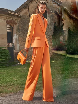 Delocah AUGSTAS KVALITĀTES Jaunākās Modes 2022 Dizainers Skrejceļa Uzvalks Komplekts Sievietēm ir Viena Poga, Metāla Gredzeniem Žakete Plaša Kāju Bikses Kopa