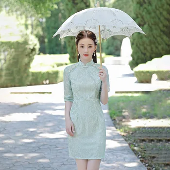 Pavasara Elegants Mandarīnu Apkakles Pusē Piedurknēm Qipao Izšuvumi Mini Šifona Ķīniešu Cheongsam Sieviešu Kleita